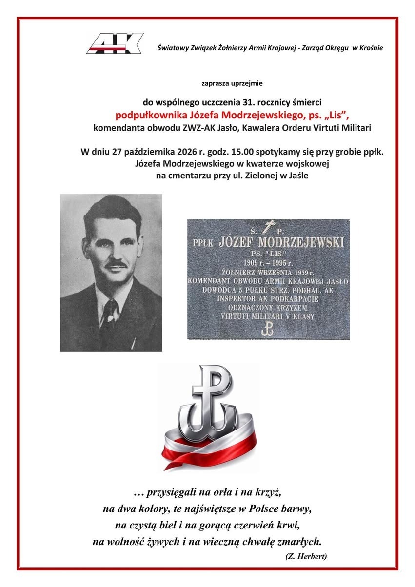 Plakat: 31. rocznica śmierci ppłk. Józefa Modrzejewskiego „Lisa”, Jasło 27.10.2026