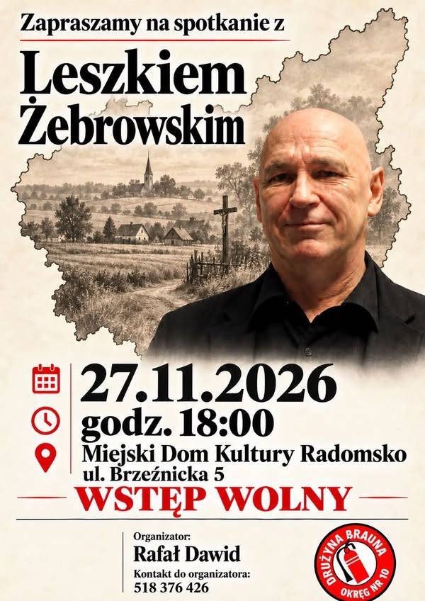 Plakat: spotkanie z Leszkiem Żebrowskim, Radomsko 27.11.2026