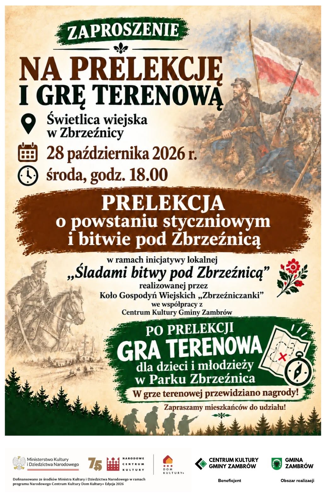 Plakat: Prelekcja i gra terenowa „Śladami bitwy pod Zbrzeźnicą”